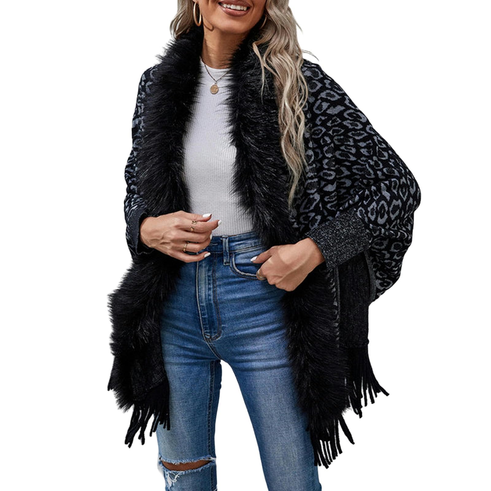 MdybF Poncho Donna Scialli Autunnali Avvolgono Il Maglione Cardigan da Donna Fringe Inverno A Maglia Ponchos Codigans