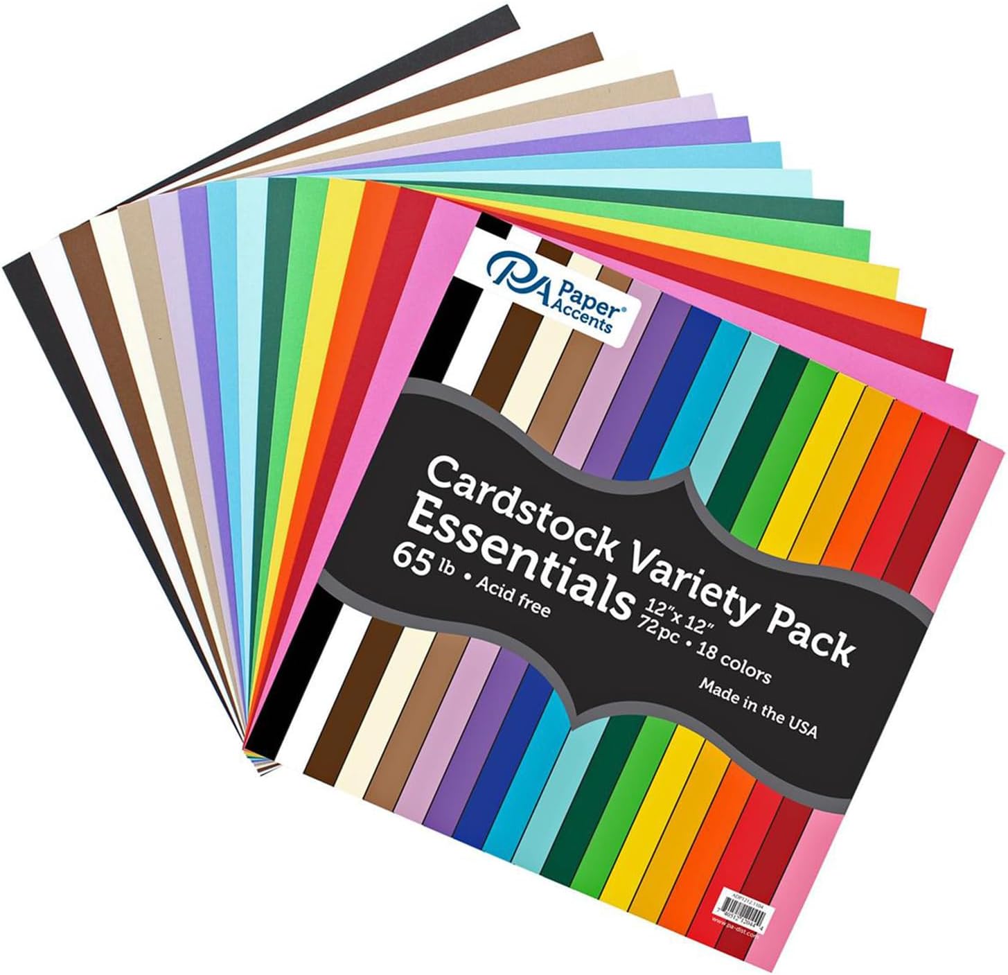 Accent Design Paper Accents Variety Pack, Essential Cardstock, 12x12 Inch, 72 Pack, 18 Colors, 65lb Cardstock, Scrapbooking, Card Making, and Rubber Stamping