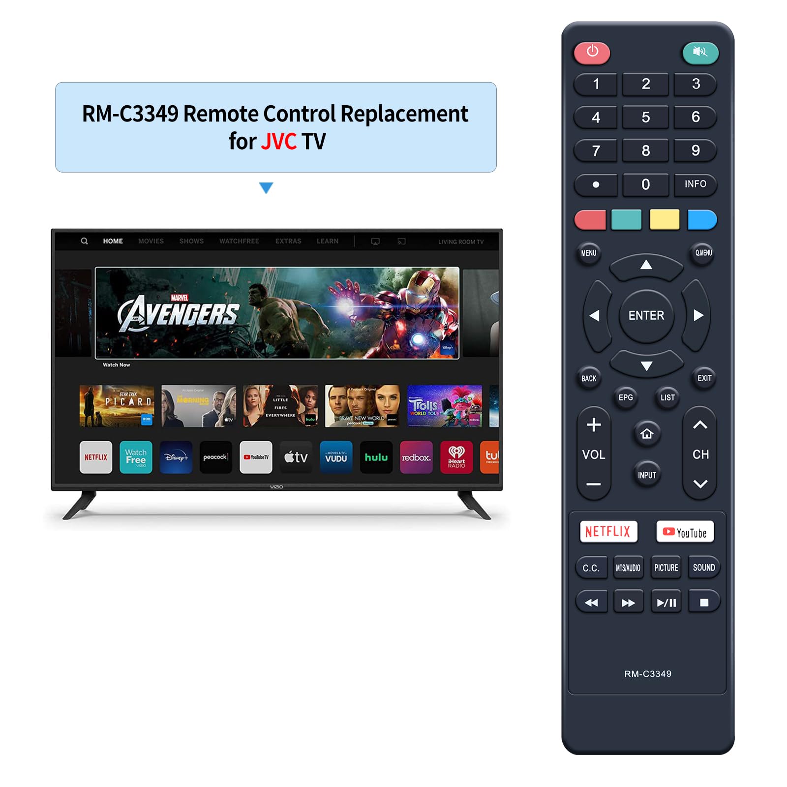 Originale RM-C3338 Telecomando per JVC Smart 4K UHD TV with Youtube Netflix Fplay Buttons LT-24C680 LT-24C681 LT-24C685 LT-24C686 LT-32C690 LT-32C691 LT -32C695