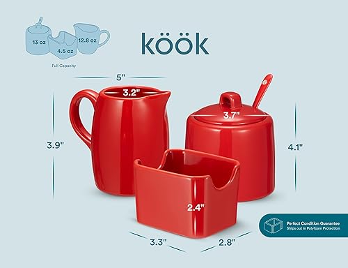 Miniatura 7 de Kook Juego de azúcar y crema, 3 piezas, jarra, azucarero con tapa y cuchara, soporte para edulcorantes (rojo)