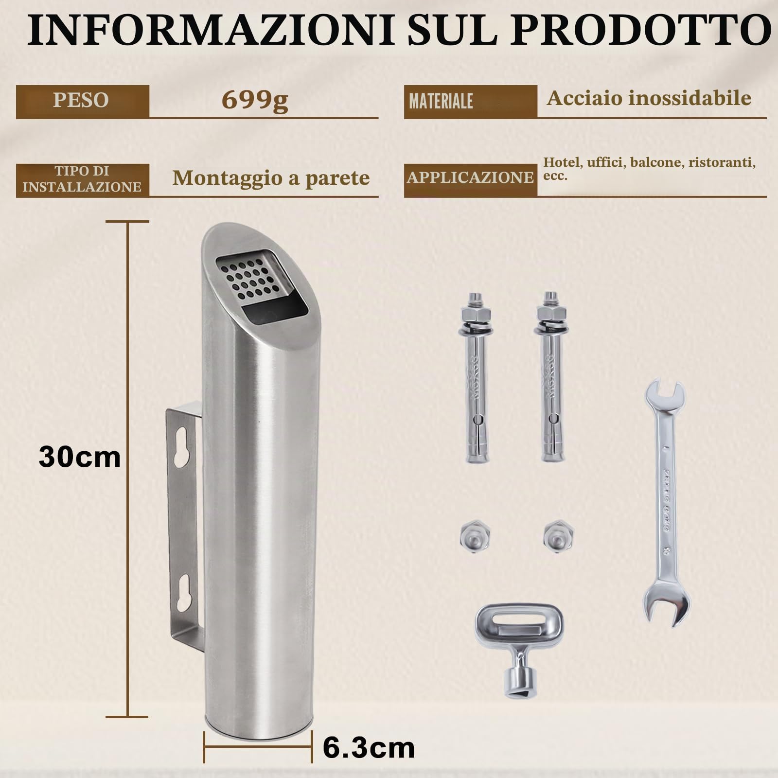 Posacenere da Parete in Acciaio Inox 2 Pezzi, Cenereio Rotondo da Esterno di Facile Pulizia, Ideale per Balcone, Giardino, Hotel, Ufficio, Ristorante (Argento)