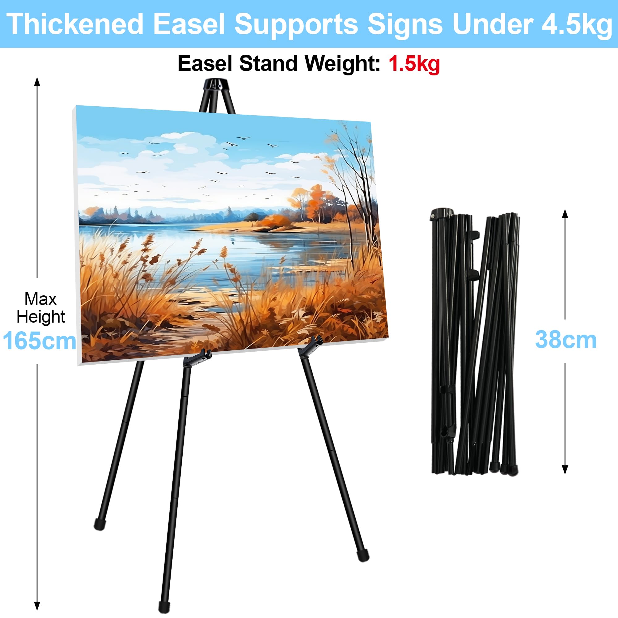 6 Stück Verstärkte Metall Staffeleien 165 cm – Faltbare und tragbare Bodenstaffeleien, Atelierstaffeleien, Leinwandständer für Hochzeit, Malerei, Poster, Präsentationen – Schwarz