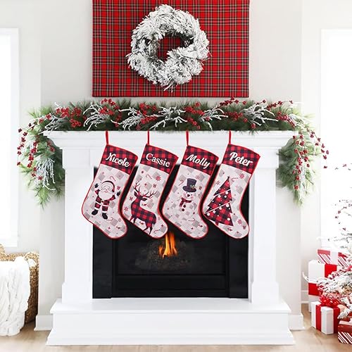 Miniatura 5 de Calcetines de Navidad personalizados, calcetines de búfalo con nombre personalizado, 18 pulgadas, gran Papá Noel, muñeco de nieve, ciervo, árbol de