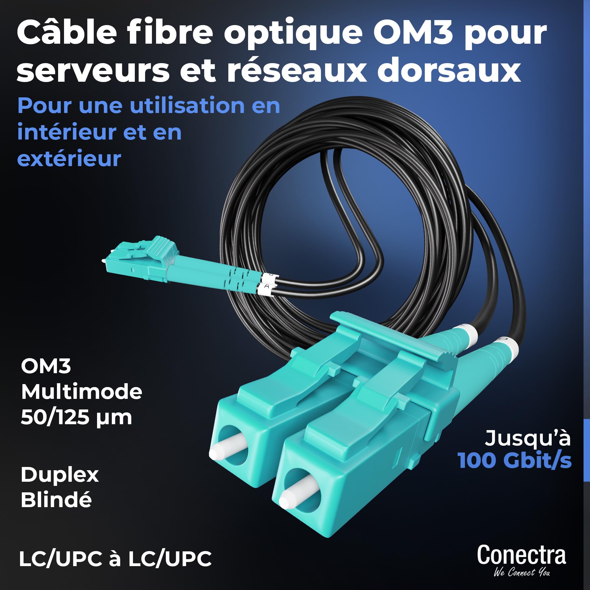 30m Câble Fibre Optique Blindé OM3 Duplex Breakout LC/UPC, Jarretière Optique Multimode 50/125, LSZH Intérieur/Extérieur, Rallonge Fibre Armée Cordon Patch Câblage Réseau ⌀3mm Noire