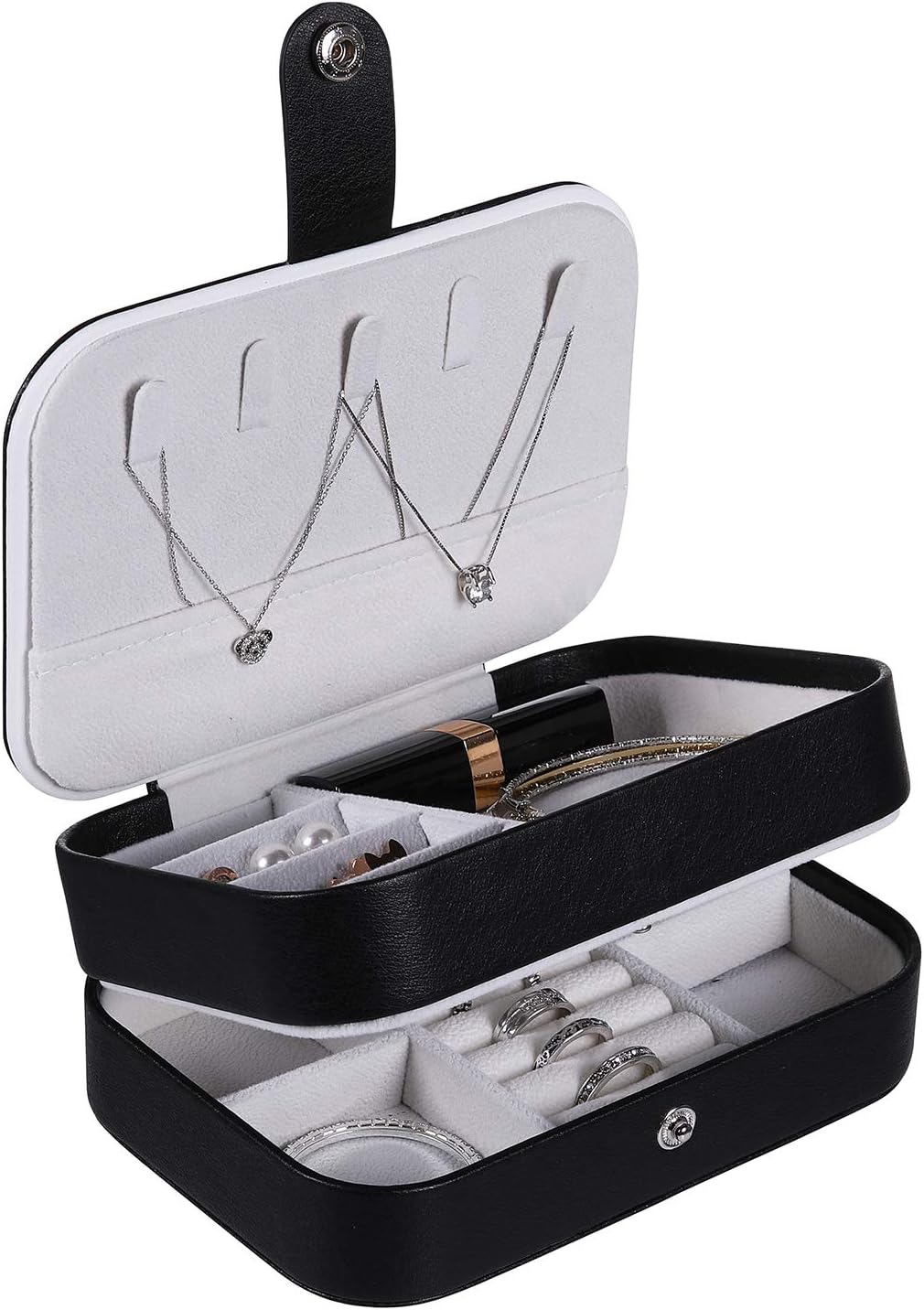 Travel Jewelry Organizer for Women, Double Layer Jewelry Box PU Leather Jewelry Holder with Mirror for Earring Necklace Rings, Black