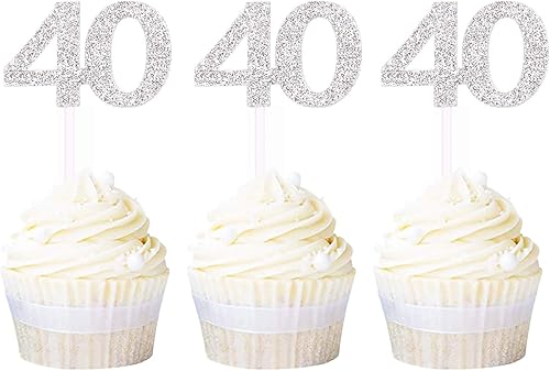 Newqueen - 40 adornos para cupcakes, purpurina dorada, 40 púas para cupcakes, cumpleaños, aniversario, fiesta, 24 unidades