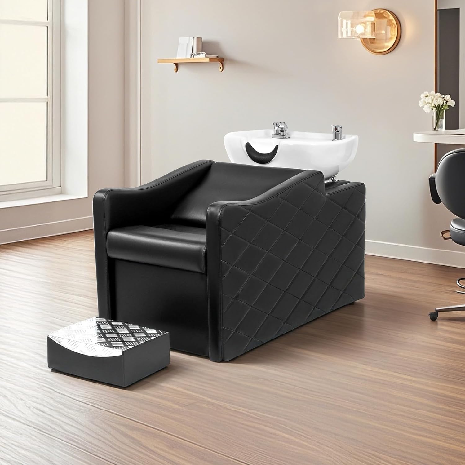 OmySalon Shampoo Bowl and Chair Set for Salon, Commercial Grade Porcelain Backwash Unit with Independent Footrest & Vacuum Breaker for Barbershop & Beauty Spa