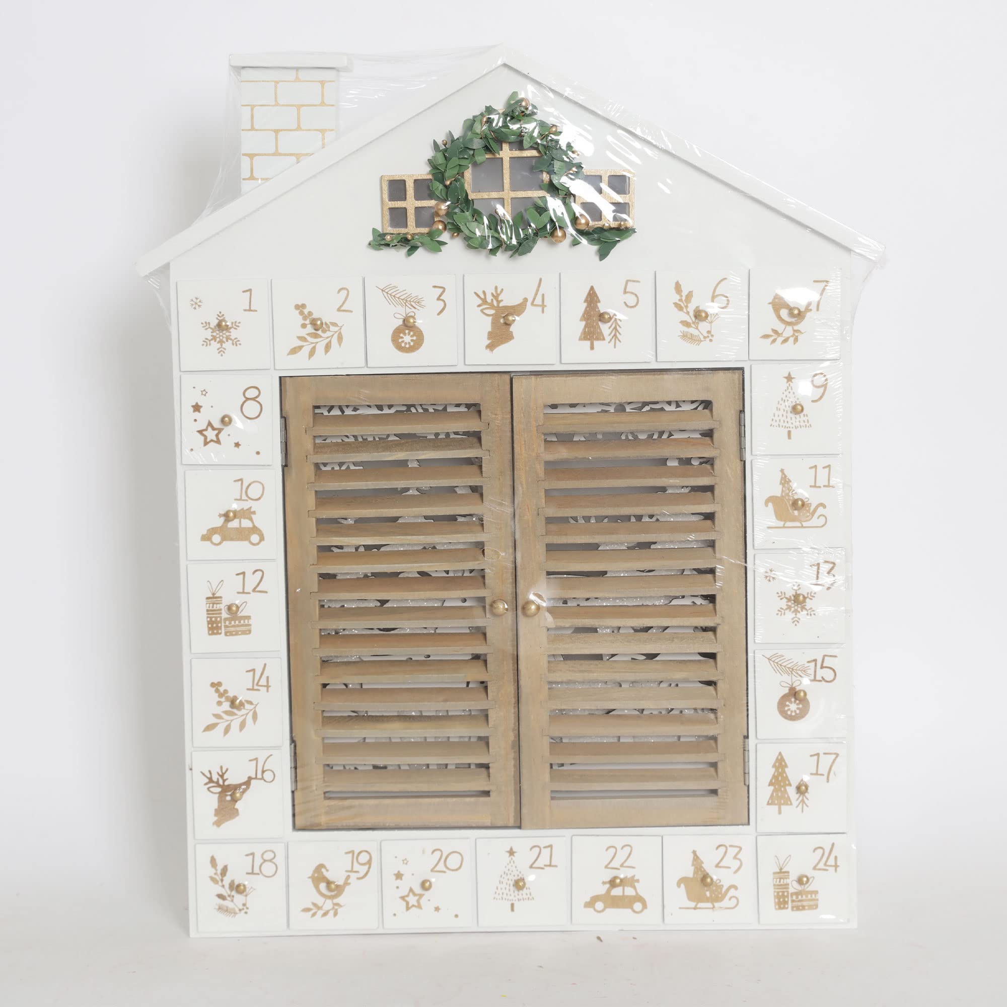 Holz Weihnachten Adventskalender Haus mit Jalousien Stil LEDs Rentier Wald Xmas Geschenke für Erwachsene