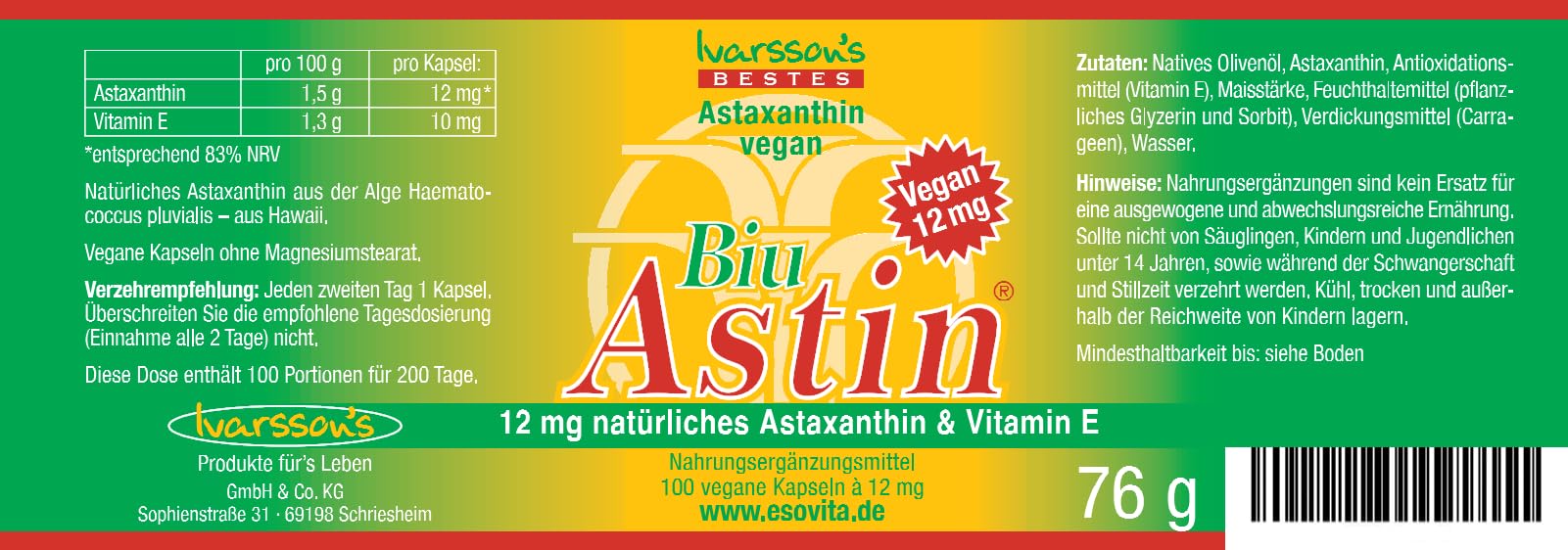 Astaxanthin - aus Hawaii - 3+1 GRATIS BiuAstin 100 Kapseln mit 12 mg natürlichem Astaxanthin - Das Original Ivarssons BiuAstin