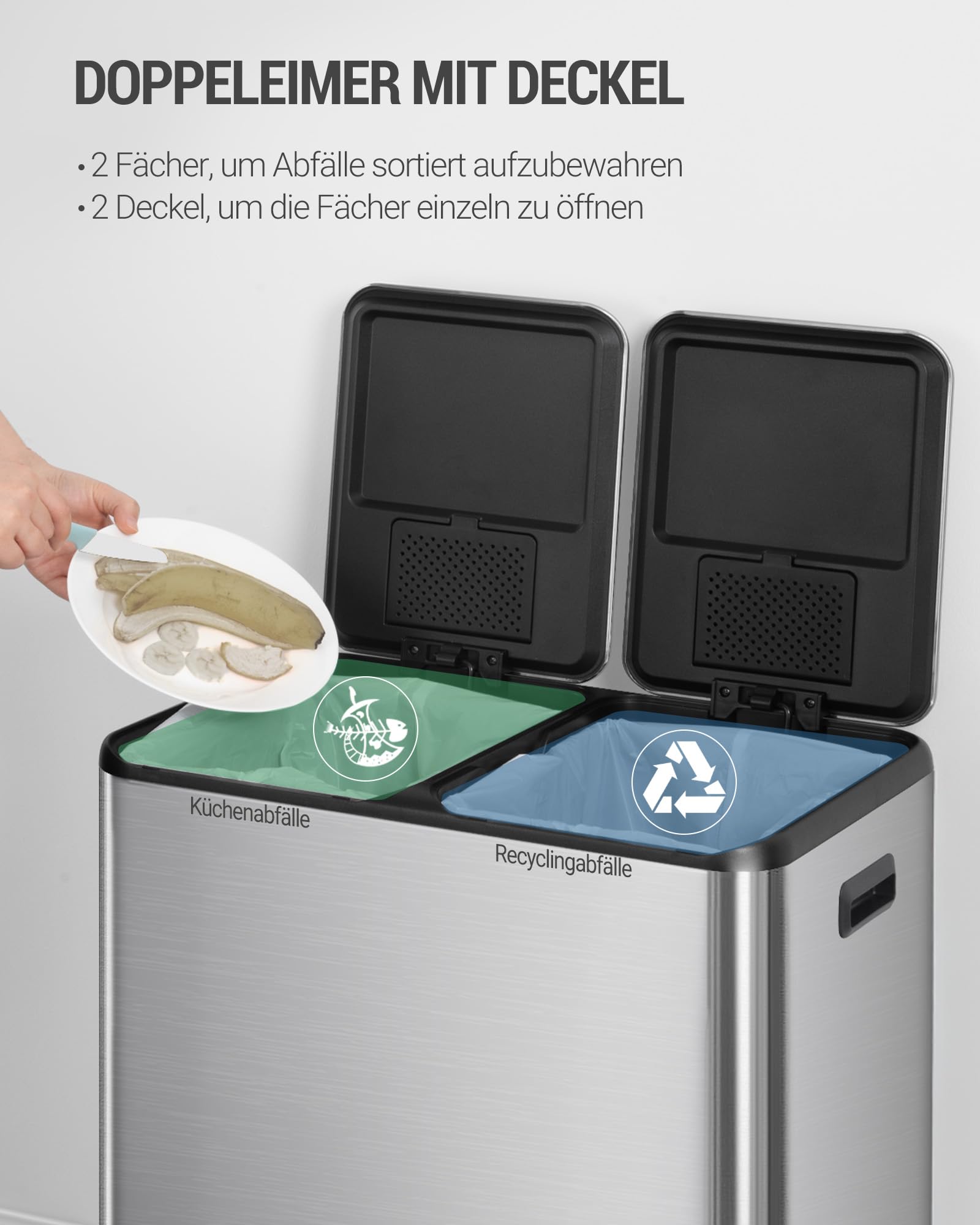 Hzuaneri Mülleimer Küche, 2 x 30 L, Mülltrennsystem 2 Fächer 60 L, Edelstahl-küchenmülleimer, Tretmülleimer, Abfalleimer Ruhiger Langsamer Abstieg, mit 15 Exklusiven Abfallbeuteln, Silber SW06099E