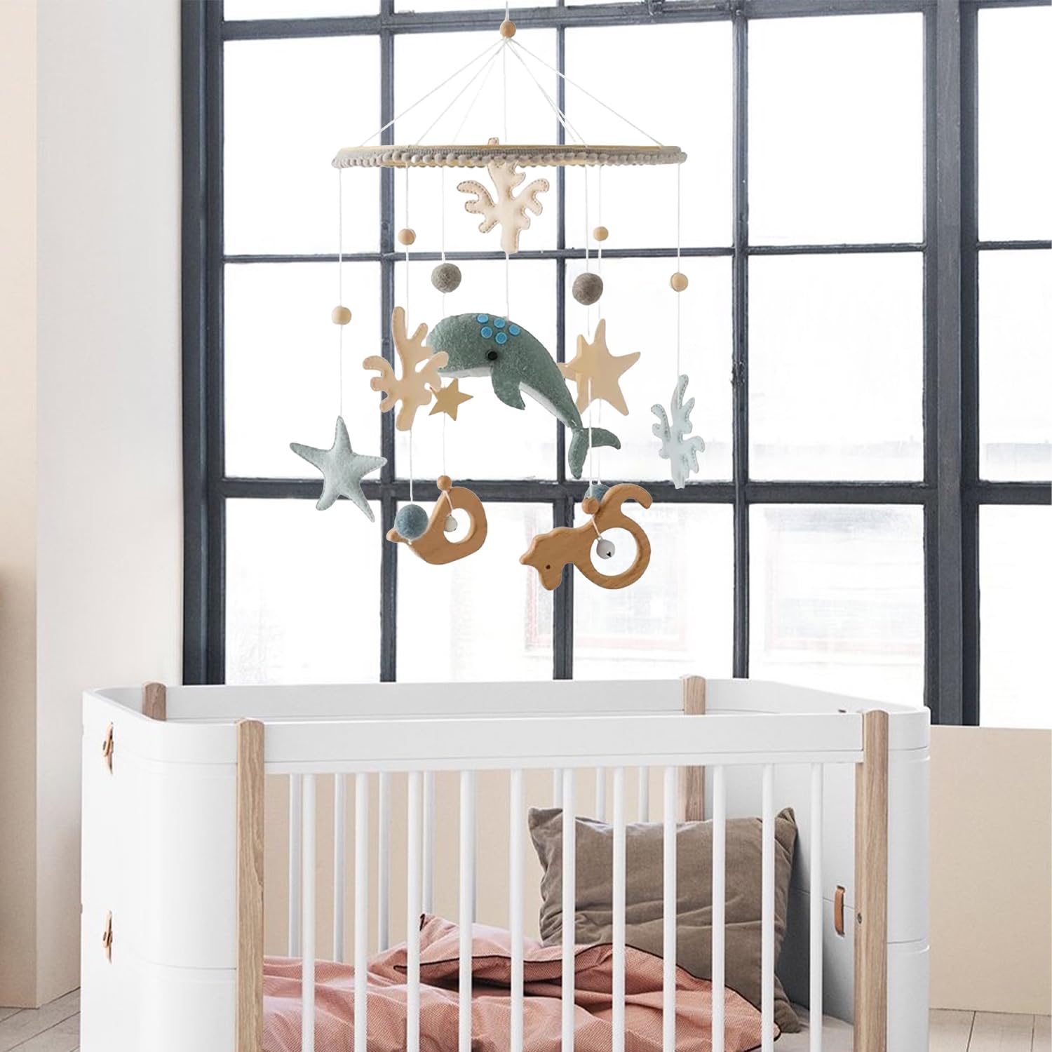Herfair Meer Welt Carillon éolien, mobile 3D, en bois, avec boules de feutre, pour lit de bébé, garçon et fille, pour lit de bébé, garçon et fille, bleu