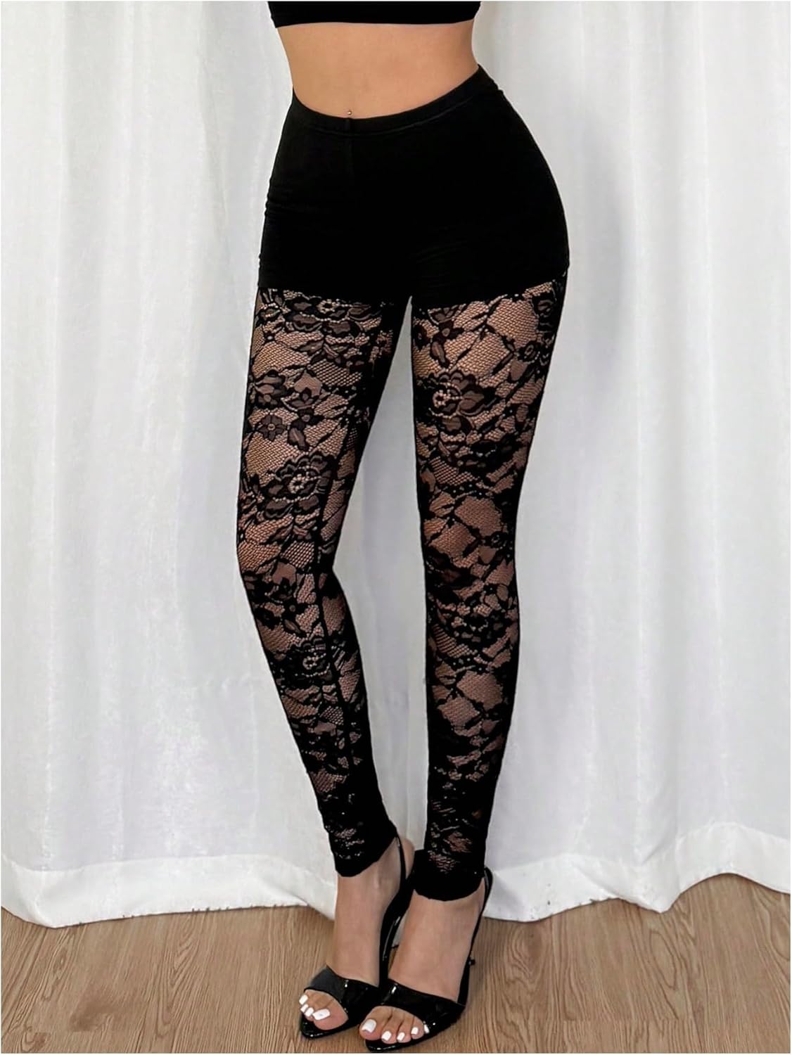 Milumia Women's Sexy Floral Lace Leggings Pants High Waisted See Through Long Pants Clubwear - Image 2