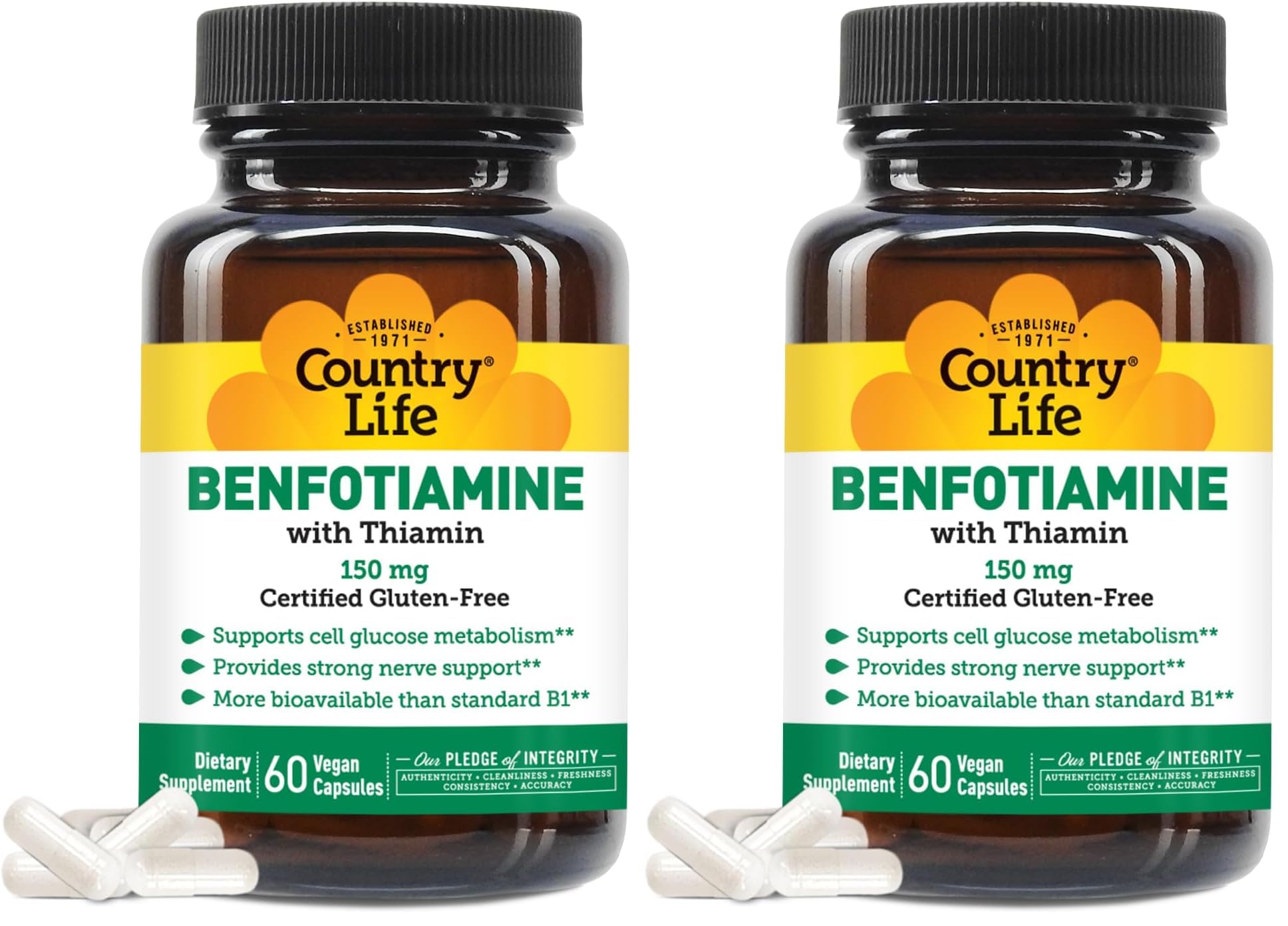 Country Life Benfotiamine with Thiamin, Nerve Health Support, 150mg, 60 Vegetarian Capsules, Certified Gluten Free, Certified Vegan (Pack of 2) 60 Count (Pack of 2)