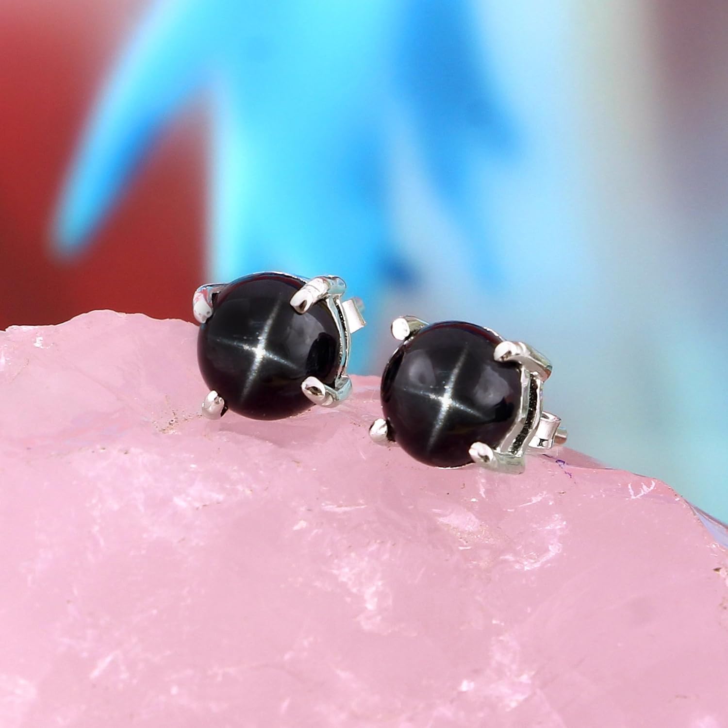 Generic Black Star Sapphire Stud Earrings Handmade Stackable Tiny Stud Earrings 925 Sterling Silver Engagement Simple Studs Earrings