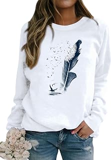 Dresswel Pullover Women's Feather Print Sweatshirt Long Sleeve Crew Neck Long Sleev…