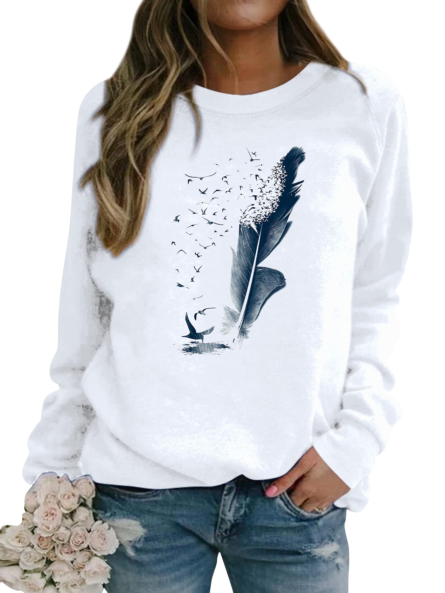 Dresswel Pullover Damen Feder Drucken Sweatshirt Langarmshirt Rundhals Langarm Shirts Herbst Winter Pulli Tops Oberteile Bluse