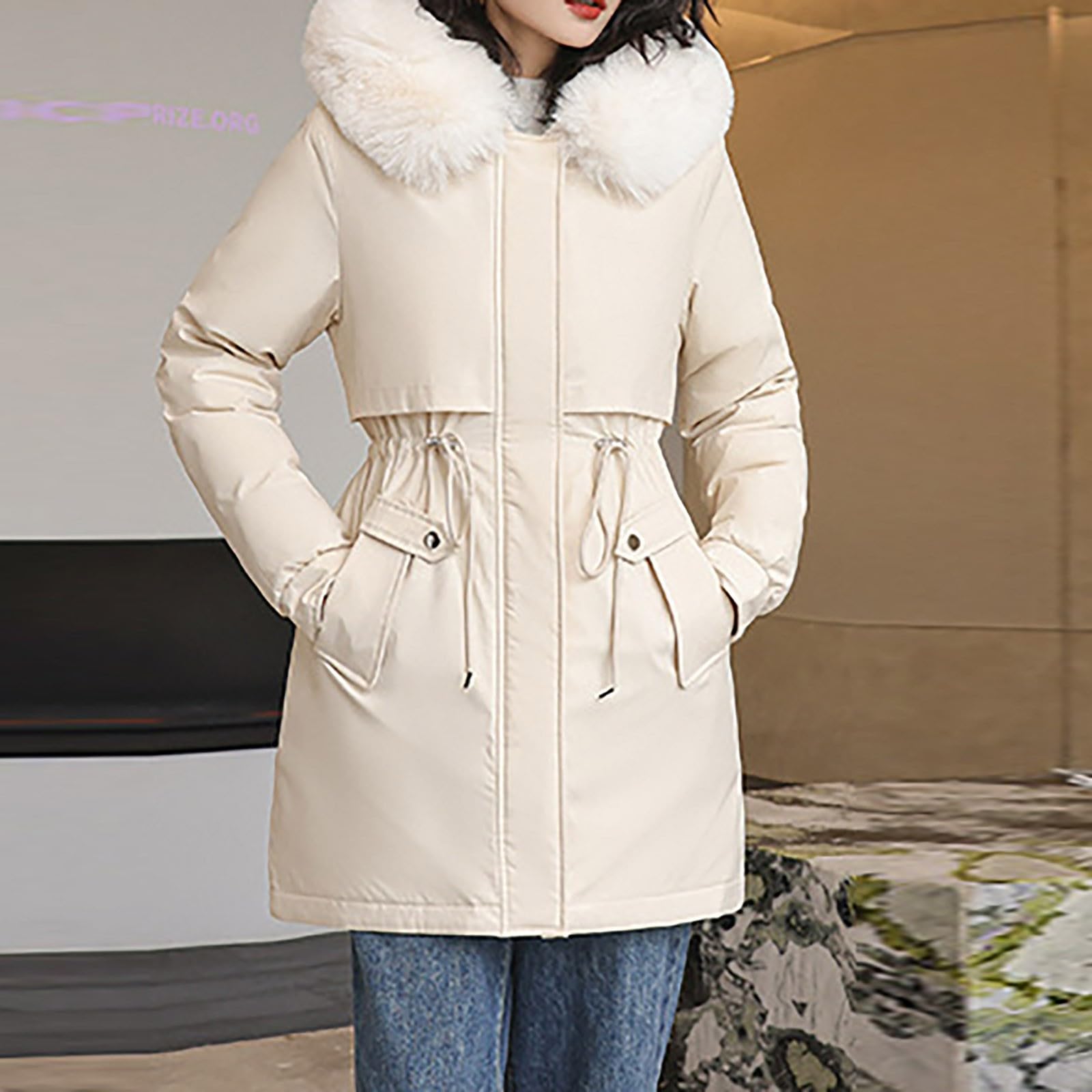Saymany Winterjacke Damen Lang Warm Wintermantel mit Fellkapuze Winterparka Winddichte Parkajacke mit Kapuze Mode Outdoorjacke Slim fit Winterparka Mode Mantel Frauen Wintermantel Warme Winter Jacke