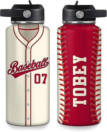 Vista 21 de Hyturtle Botella de agua de béisbol personalizada, botella de acero inoxidable aislada de viaje con tapa a prueba de fugas, 18 onzas, 32 onzas