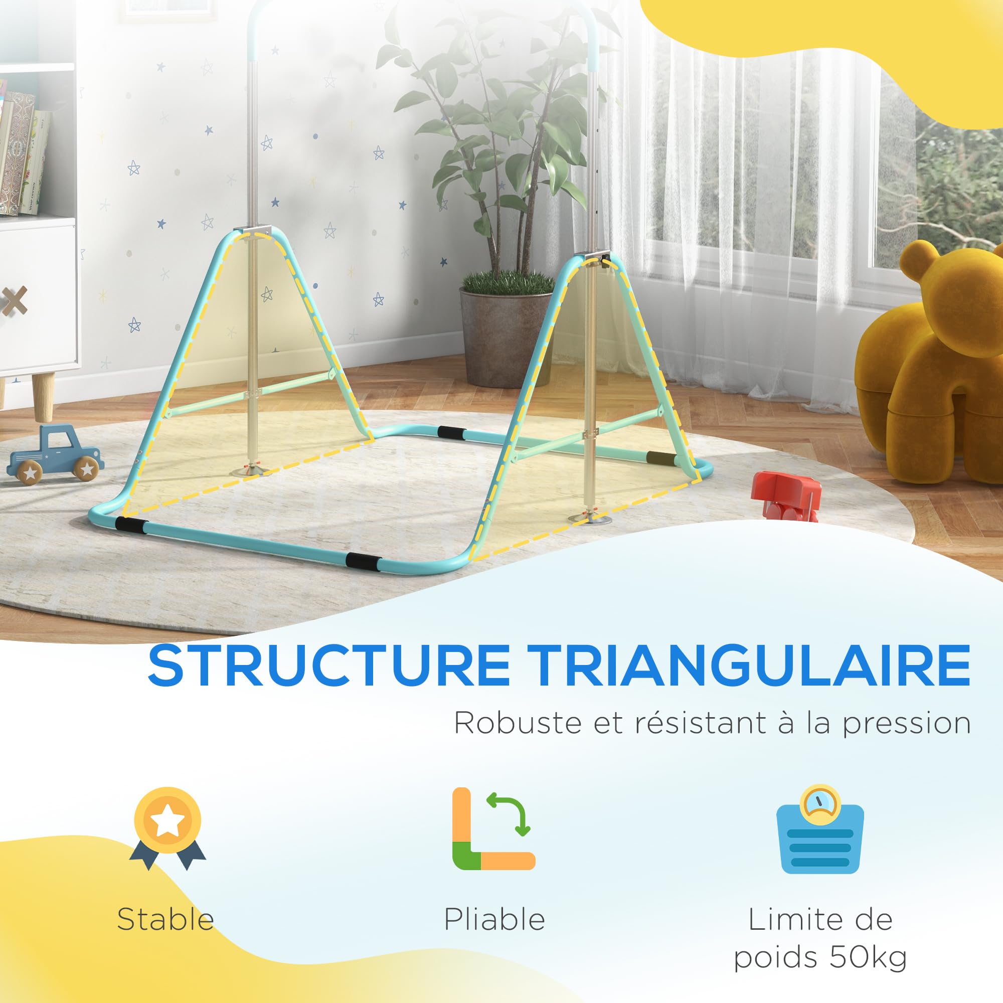 HOMCOM Barre Fixe de Gymnastique pour Enfants Pliante - Hauteur réglable de 88 à 128 cm - avec Base Triangulaire en Acier