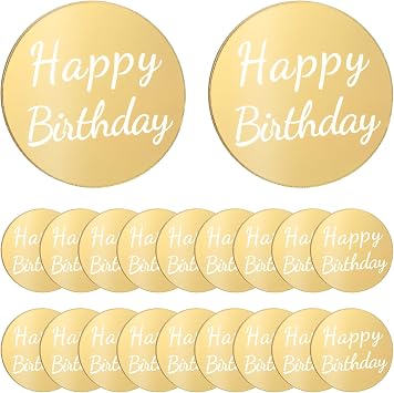 20 Pieces Happy Birthday Acrylic Cake Topper Round Happy Birthday Gold Disc Cake Toppers Circle Engraved Personalized Mini Cakes Topper Custom Mirror Acrylic Cakes Discs Set for DIY Cupcake Decoration