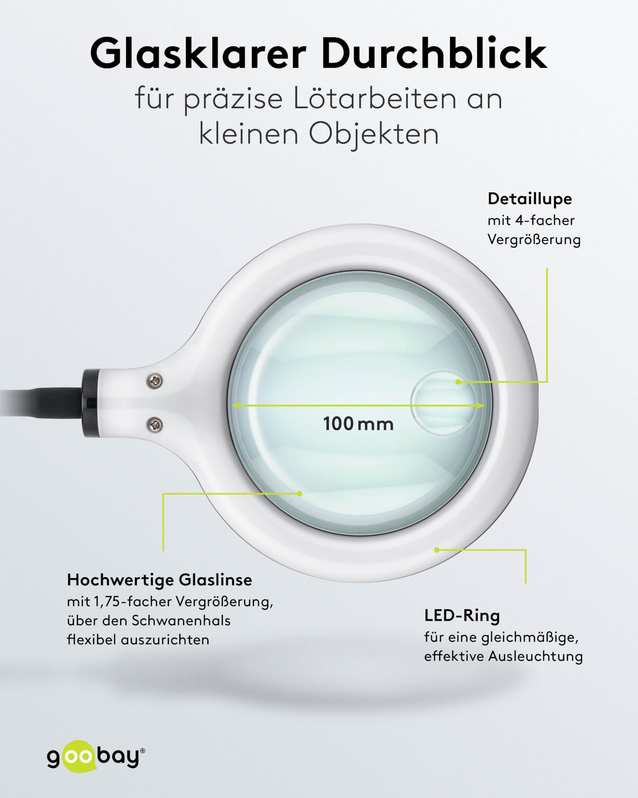 goobay 76558 pomoc do lutowania z 4 elastycznymi ramionami typu łabędzia szyja i zaciskami krokodylkowymi, lupa LED z USB-C, trzecia ręka, do lutowania i majsterkowania, uchwyt do lutownicy - z
