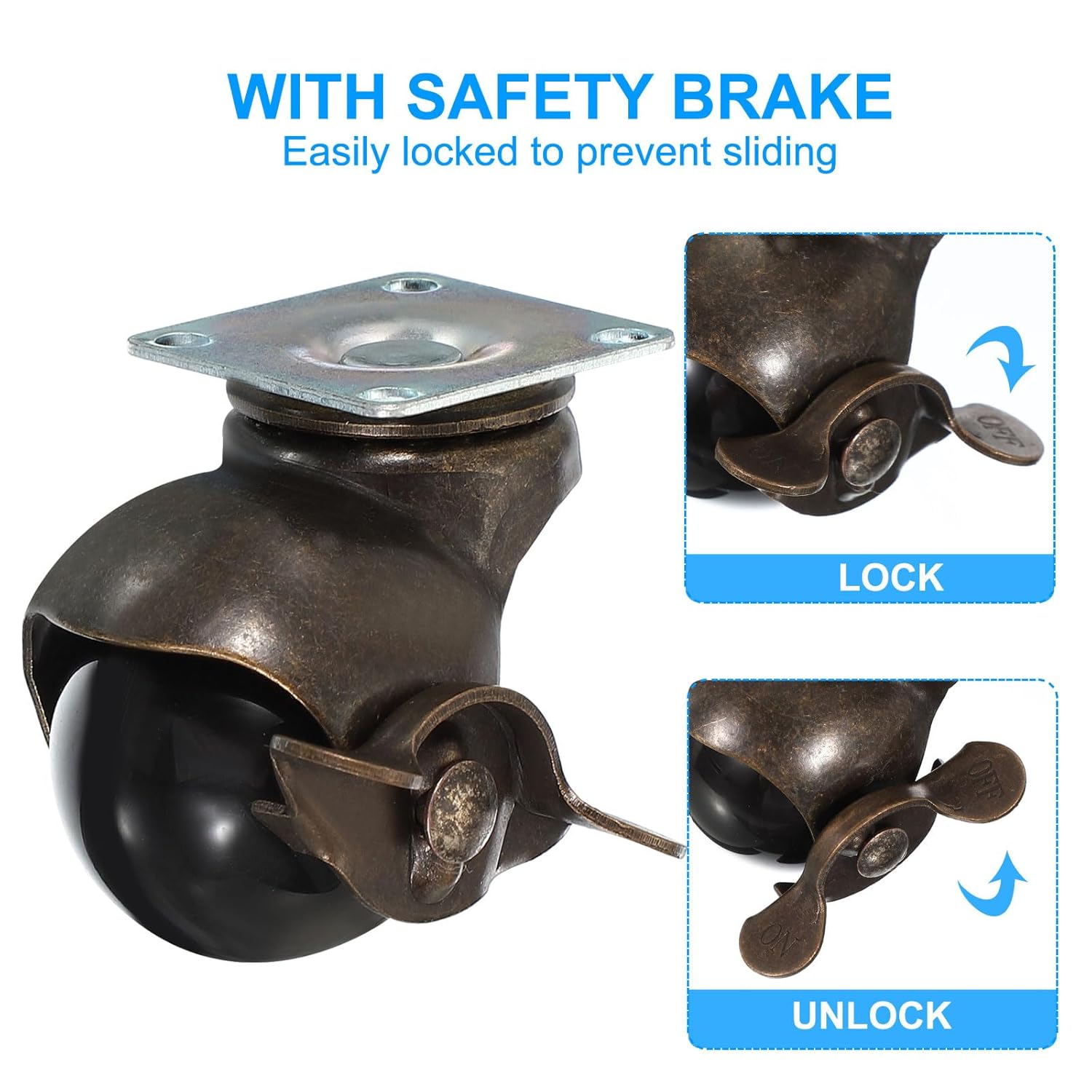PATIKIL 1.5 Inch Ball Caster Wheels with Brake, 8 Pack 360° Rotating Swivel Top Plate Wheels Locking Caster with M8 Screws for Furniture Table Cabinet Bronze
