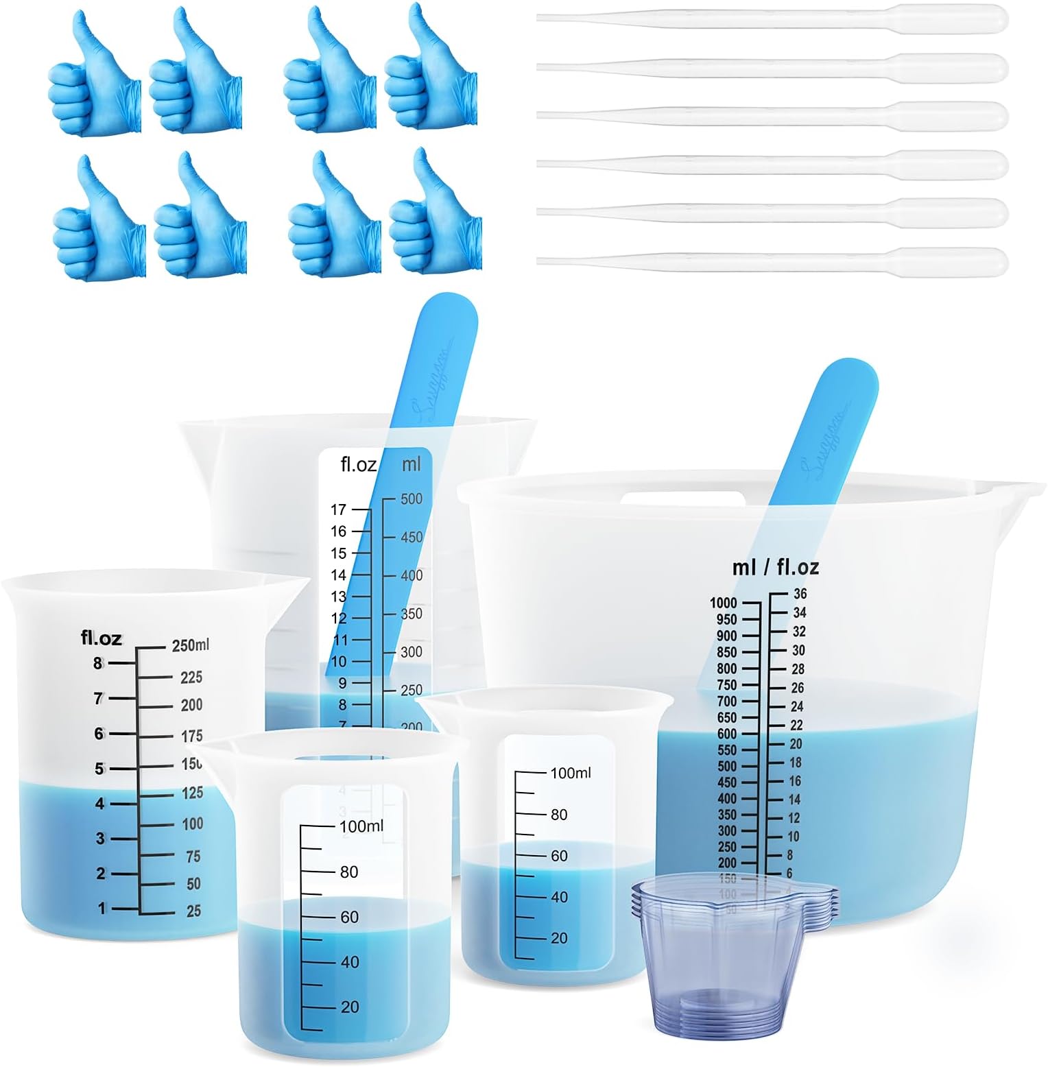 Silicone Measuring Cups for Resin,Clearly 2 Scales 1000ml,250ml,500ml,100ml Resin Measuring Cups, Silicone Stir Sticks, Reusable & Easy Clean Supplies for Mixing,Molds