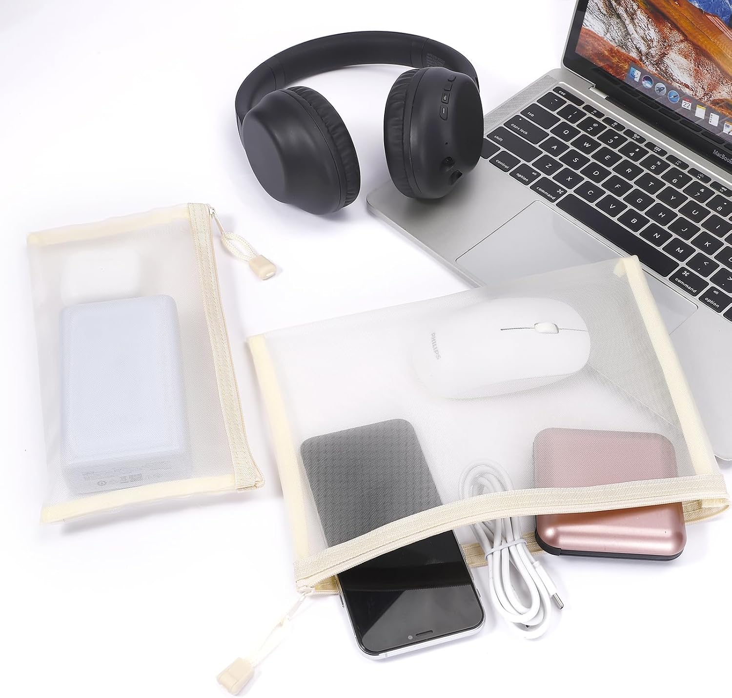 12 Pieces Zipper Nylon Mesh Pouch, Mesh Cosmetic Bags Makeup Bags Pencil Case, Multipurpose Travel Bags for Cosmetic School Office Supplies and Travel Accessories (Beige, A5+B6) - Image 5