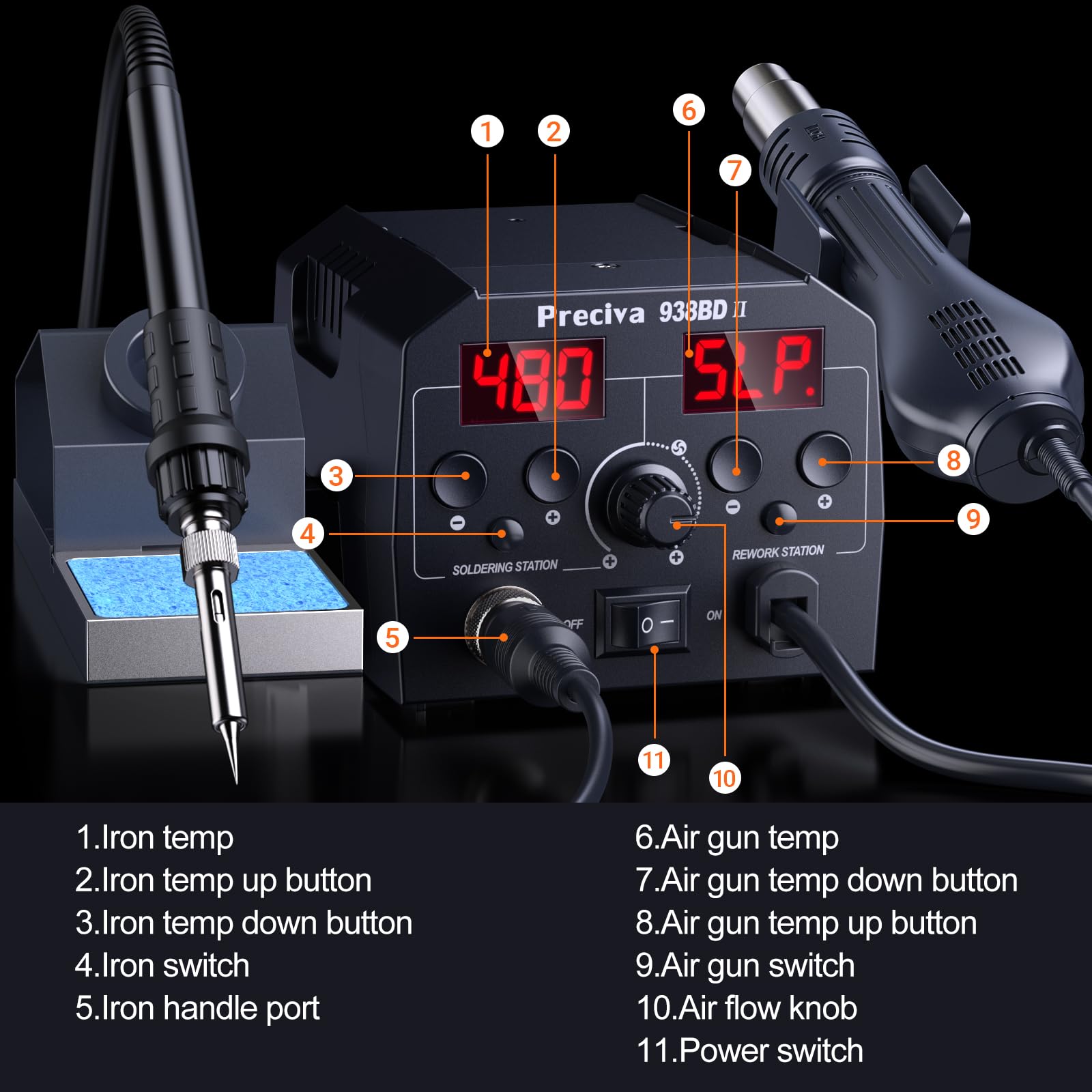 Preciva Estación de soldadura digital 938BD con manos de ayuda, pantalla dual, modo de suspensión de 10 minutos y calibración, enchufe británico de 220 V para reparación de bricolaje y placa de