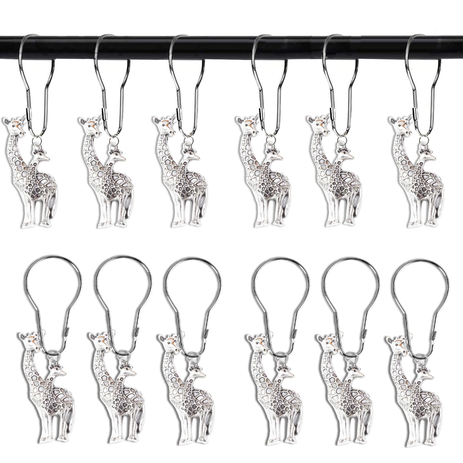 YRMLYMOP Giraffe Shower Curtain,12 Pcs Giraffe Shower Curtain Hooks Animal Forest Park Theme Decor, House Bathroom Decor Accessorie, Giraffe Bathroom Set Stainless Steel Ring Rustproof (Silver)
