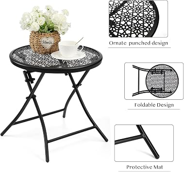 TeoKJ Folding Outdoor Side Table, Anti Rust Small Patio Table Round, Small garden table Metal End Table with Flower Cutouts for Porch Yard Balcony Deck Lawn, Black