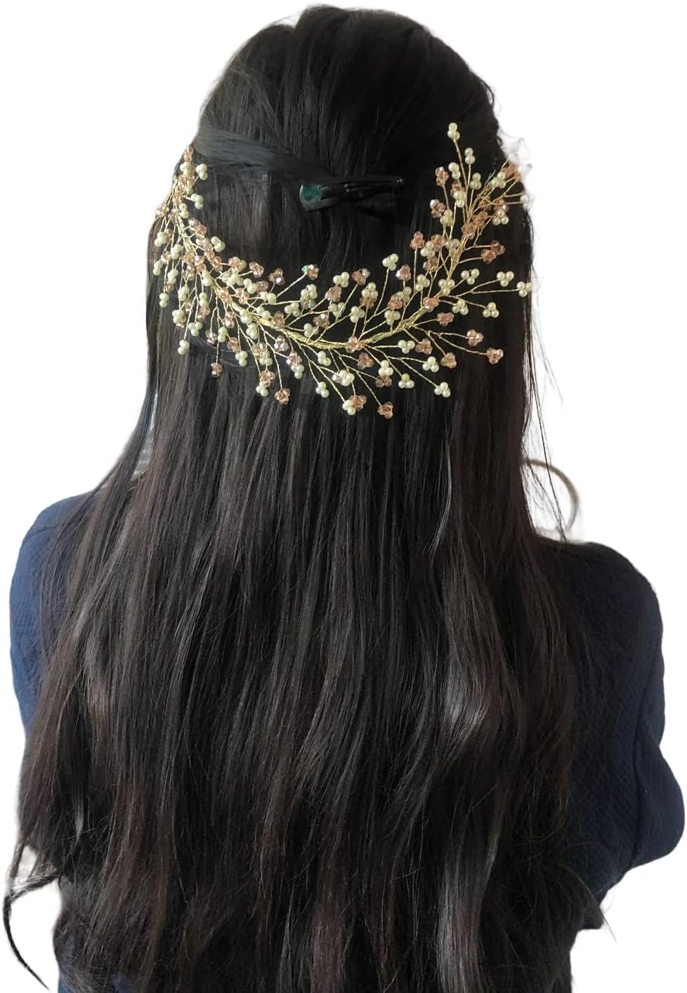 GenericUBRONIK Crystal Pearl Hair Tiara Vine Hair Accessory Headband Headdress Hair Jewellery For Women | Hair Pin | Bun Accessory | Hair Accessory For Bridal Wedding Functions Bridesmaid, Pink, Pack of 1