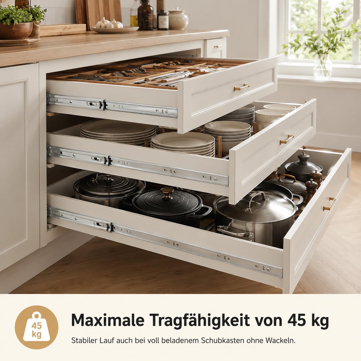 Szyny do szuflad z pełnym wysuwem, 4 pary (8 sztuk), 450 mm, prowadnice do szuflad, nośność 45 kg, do szafek kuchennych i mebli, 3-krotnie składane, srebrne