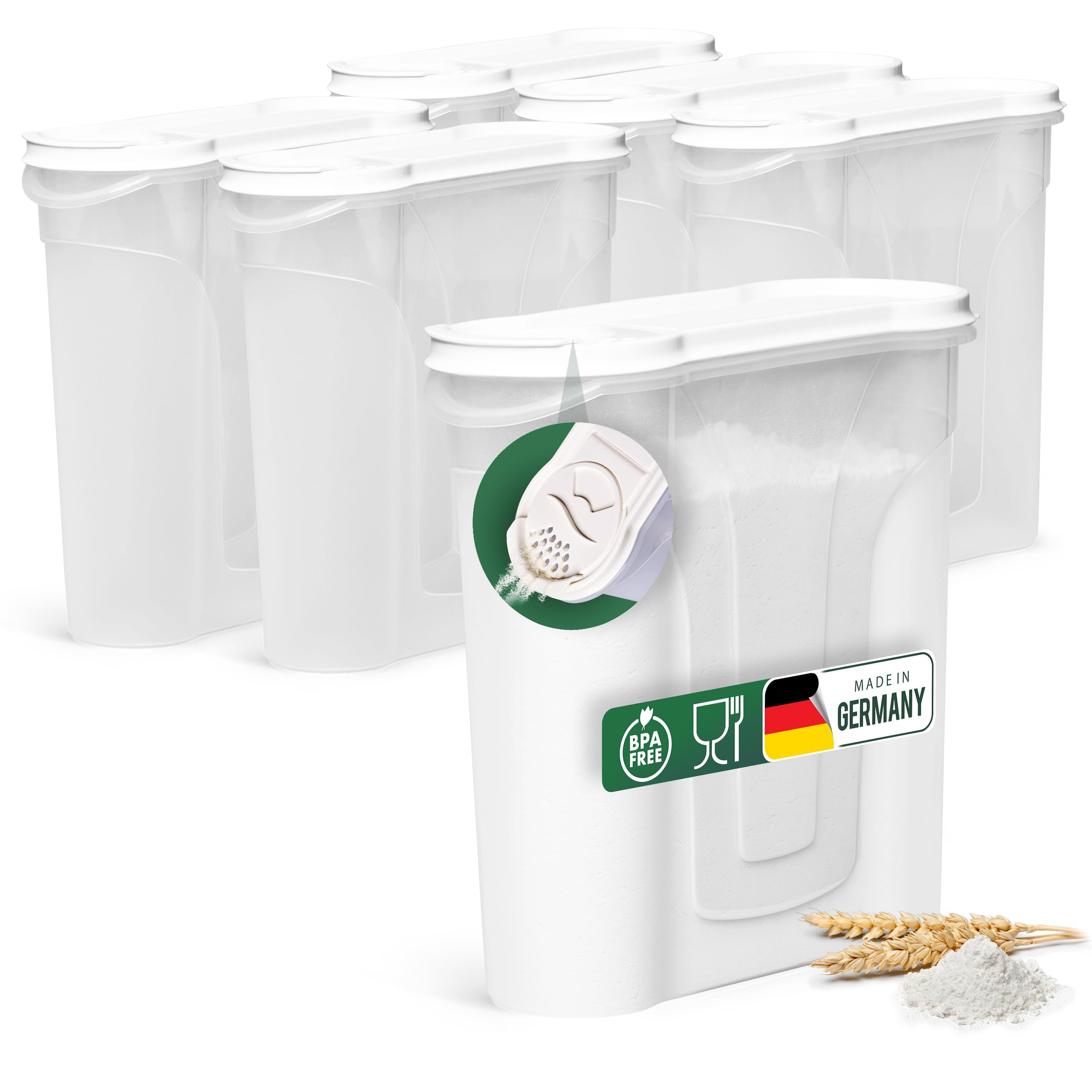 Novaliv Juego de 6 botes de almacenamiento para espolvorear 2,4 litros – Dimensiones (largo x ancho x alto): 22 x 21 x 8,5 cm – Lata con tapa de 2 l para cereales, harina, azúcar, latas de cocina,