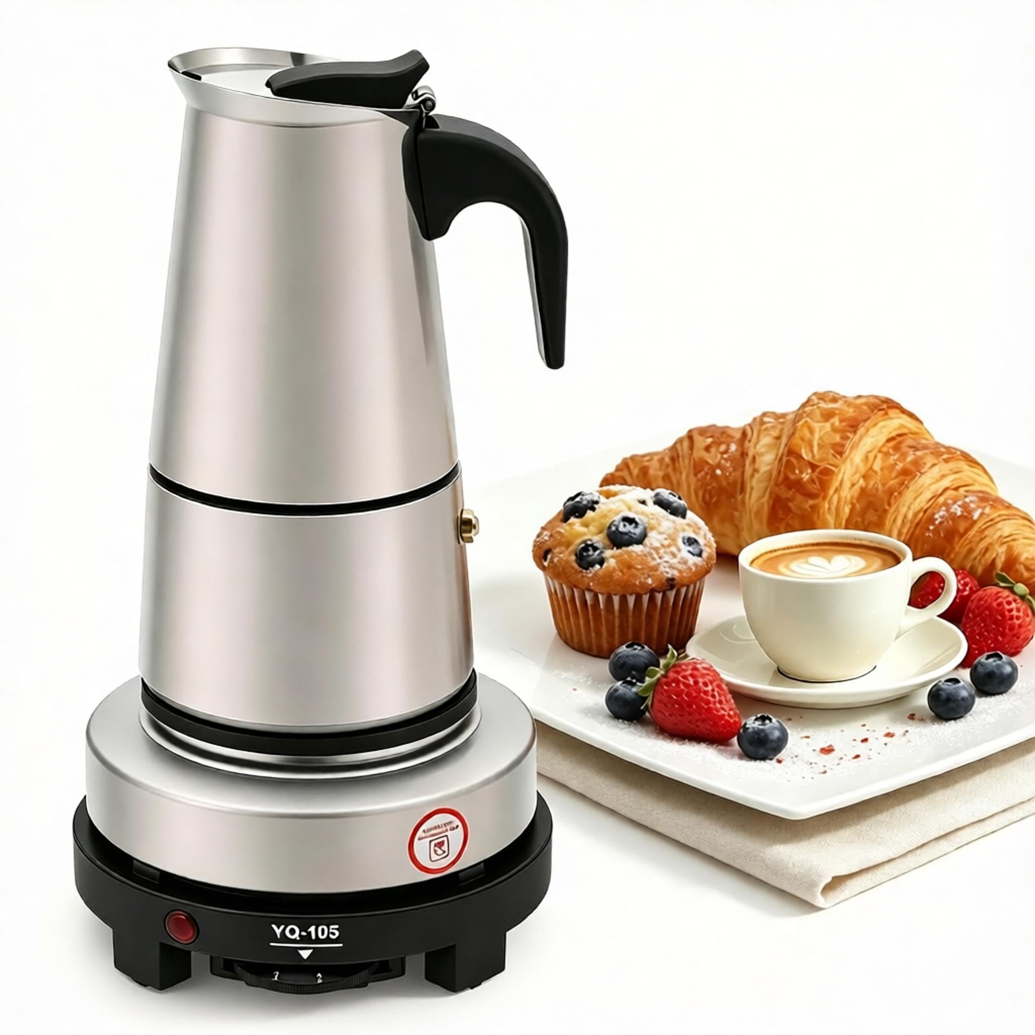 Espressokanne Aus Edelstahl (300 Ml, 6 Tassen) Mit 500-w-elektroherd, Inklusive Filter Und Sicherheitsventil, Einstellbarer Temperatur – Ideal Für Zuhause, Büro Und Reisen.