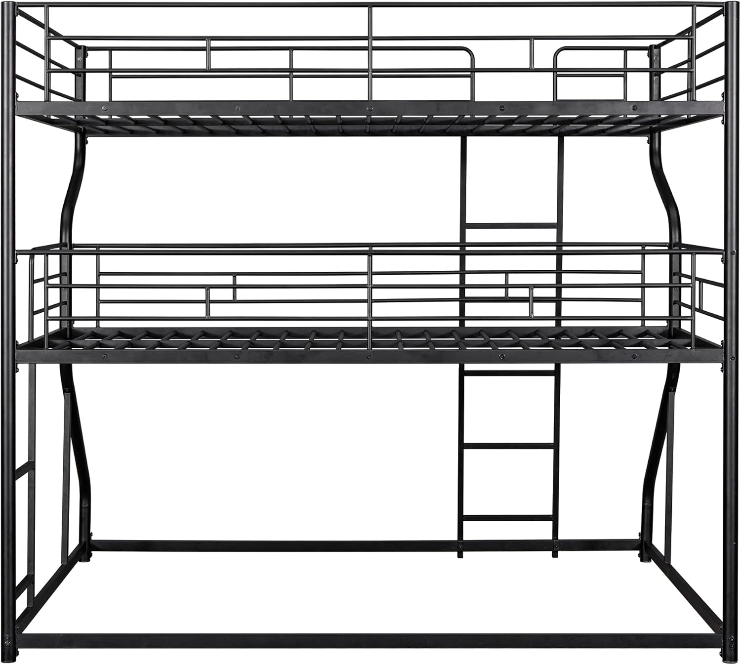 VilroCaz Full XL Over Twin XL Over Queen Size Triple Bunk Bed for Adults Kids Teens, Metal Triple Bunk Bed Frame with Long and Short Ladder, Bunk Beds for 3 with Sturdy Slat Support (Black)