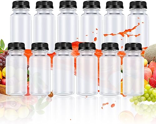 Miniatura 8 de 10 botellas de plástico para jugo, recipientes de bebidas reutilizables, para jugo, leche, batido y otras bebidas, con tapa negra, 3 onzas.