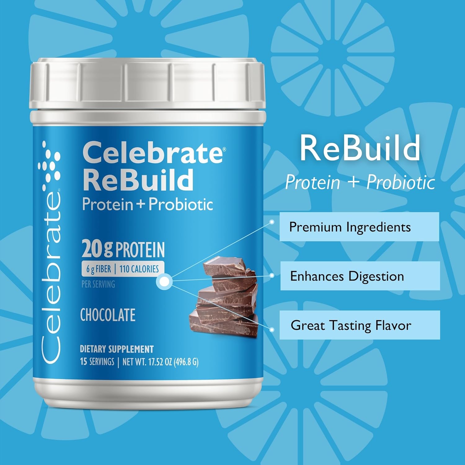 Celebrate Vitamins Rebuild Protein Powder with Probiotics & Prebiotics - 20g Whey Isolate Protein, High Fiber, for Post Bariatric Surgery Patients - Chocolate (15 Servings)