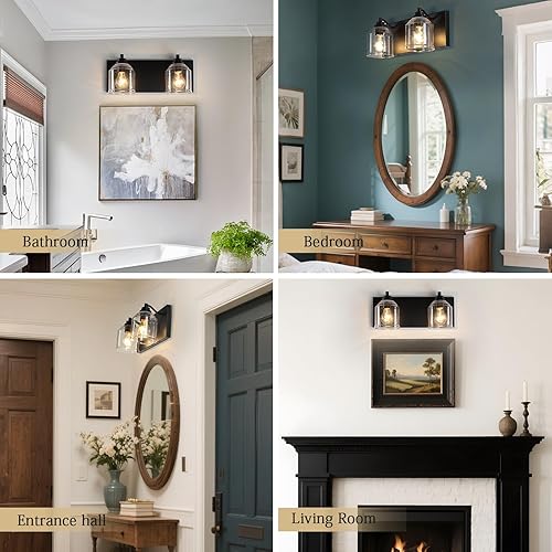 Miniatura 6 de BD005-2-MB - Lámpara de tocador de baño de granja grande de 15.8 pulgadas, luz negra con pantallas de vidrio de burbujas, 2 luces rústicas de pared