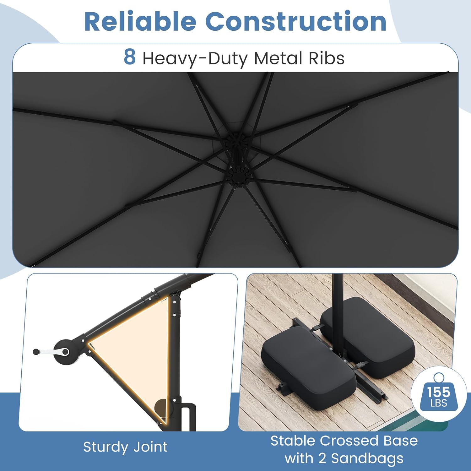 Tangkula 10 FT Solar Patio Umbrella with Base Included, Cantilever Offset Hanging Outdoor Umbrella with 96 Multi-Colored Flowing LED Lights, 9 Modes, Tilt Adjustment, 360° Rotation, Crank for Pool Yard Deck Lawn (Gray)