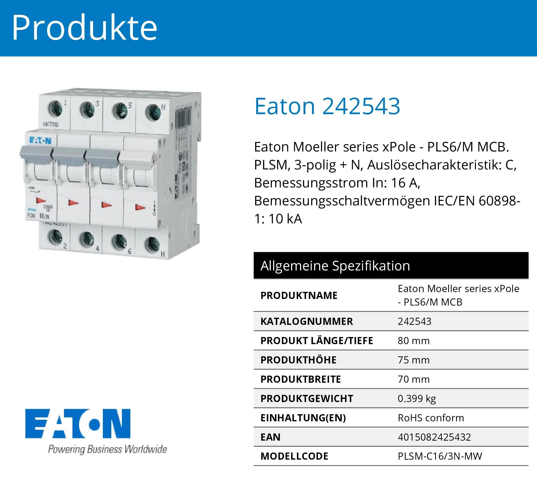 Eaton Moeller PLSM-C16/3N-MW Leitungsschutzschalter 16A 3P+N 3-polig+N C-Charakteristik LS-Schalter Sicherungsautomat MCB (242543 alt 245071)