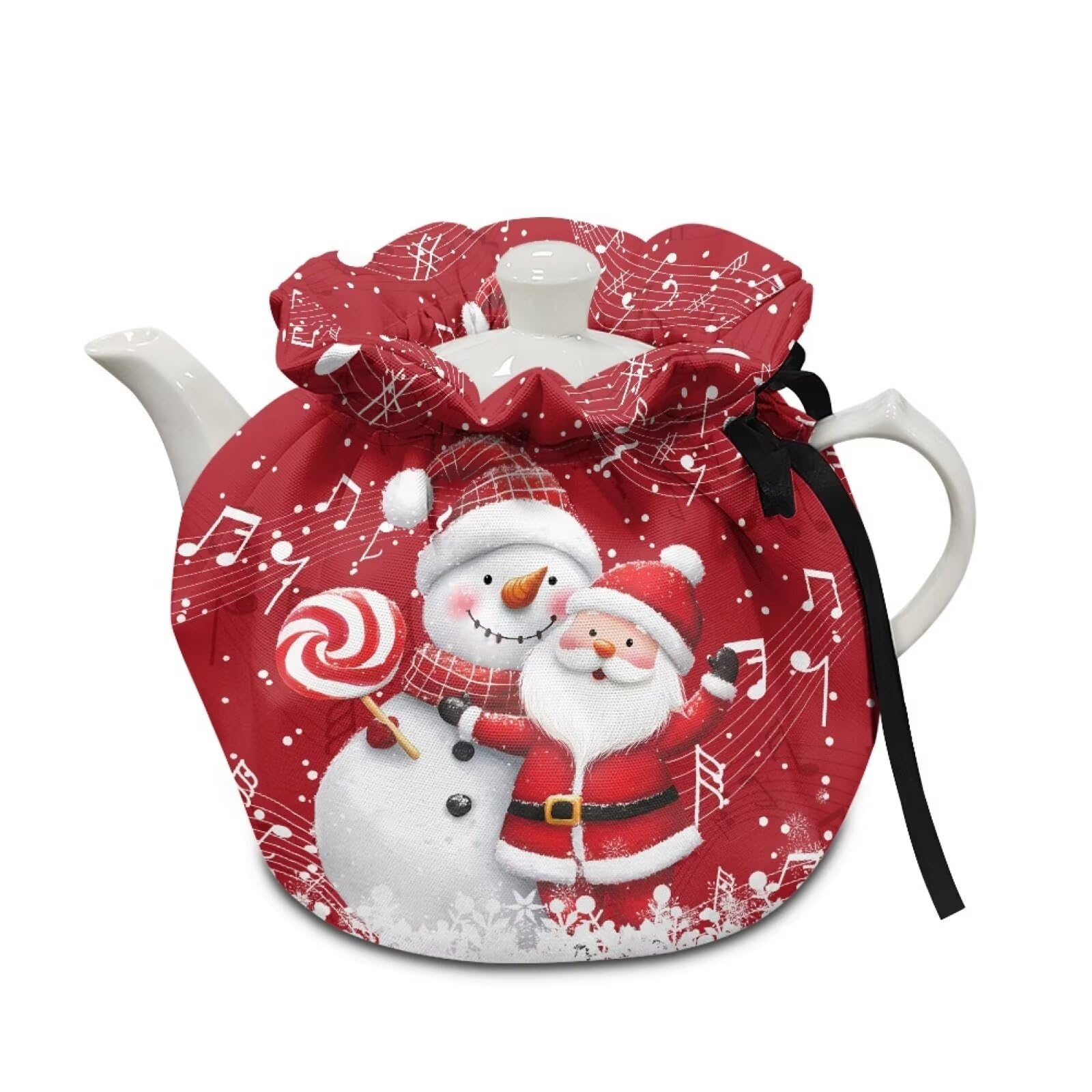 Red Christmas Tea Pot Cozies Double-Sided Drawstring Teapot Dust Cover Insulation Warmth Christmas Breakfast Pot Holder Washable Reusable Table Decoration