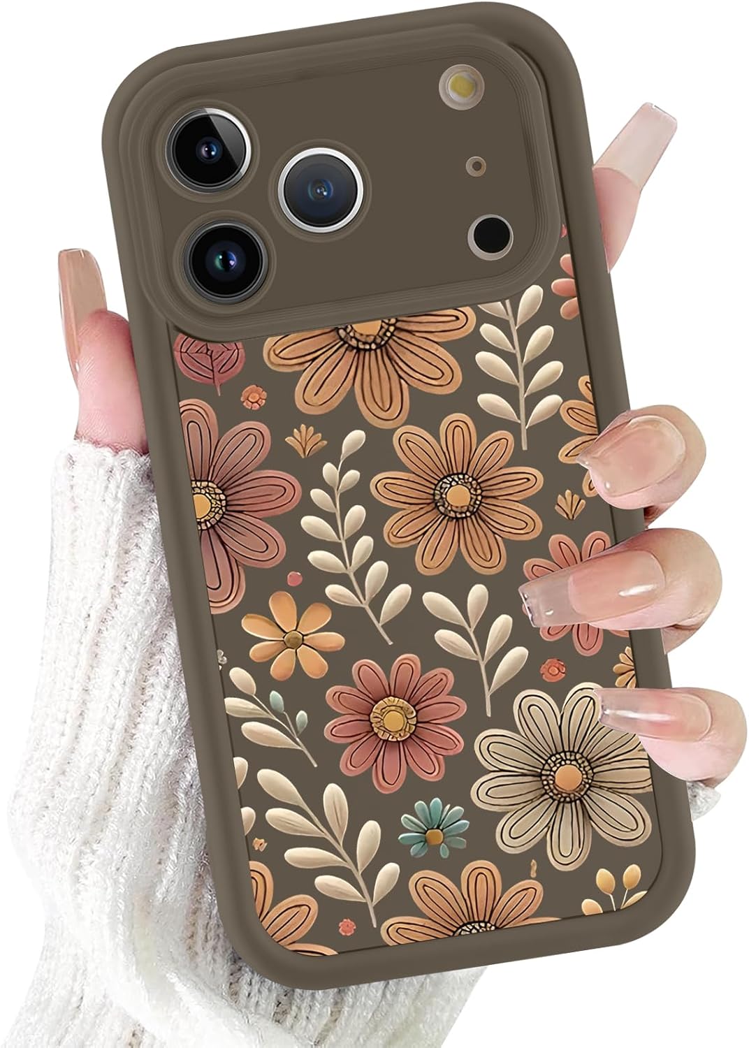 Cute Flower Phone Case for iPhone 17 Pro Max Brown Fall Floral Leaf Case 6.9", Aesthetic Autumn Pattern Print Design Cover Camera Protective Shockproof Soft Slim TPU Funda for Women Girls