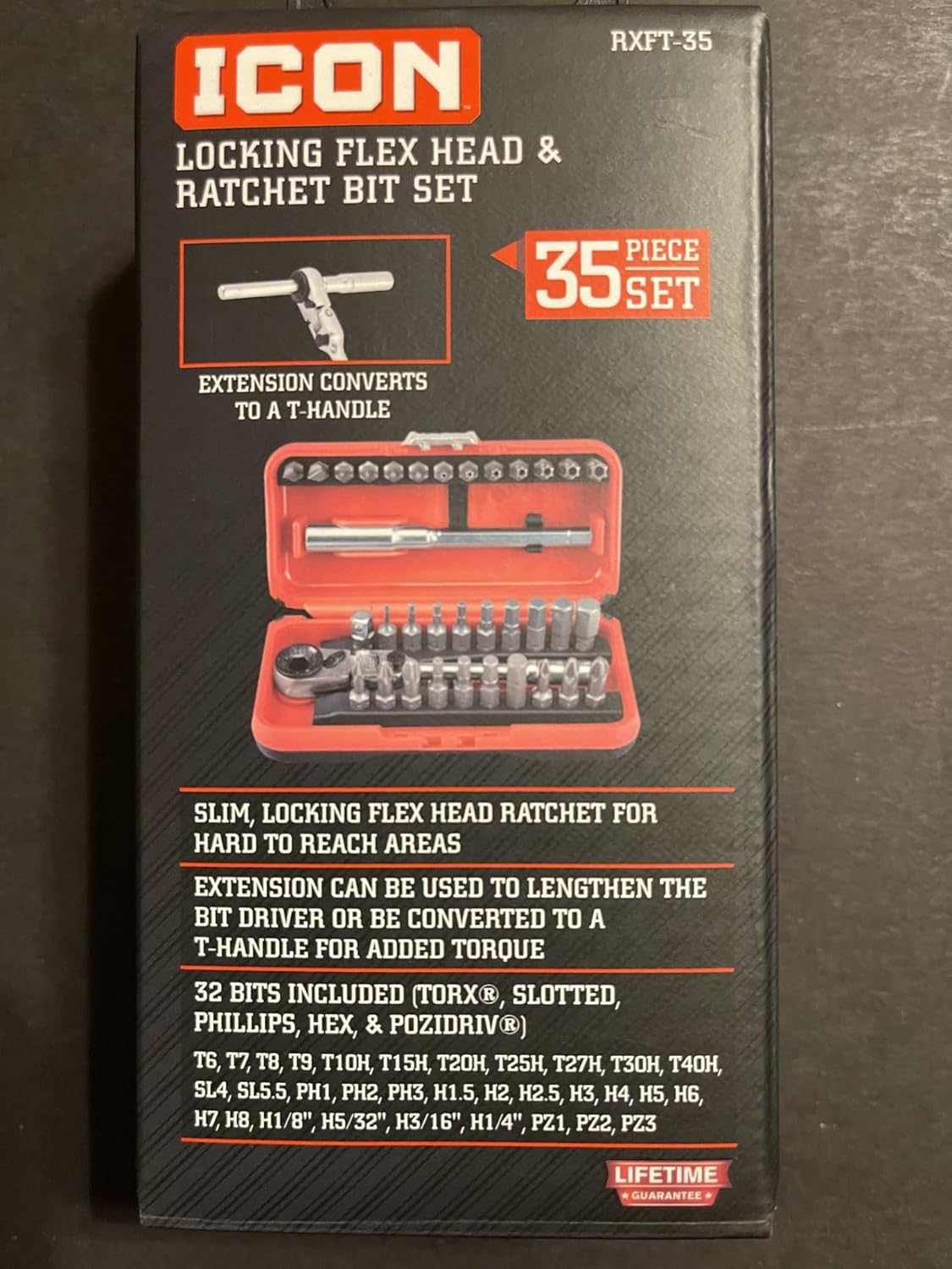 ICON Locking Flex Head Ratchet and Bit Set 35-Piece, Silver