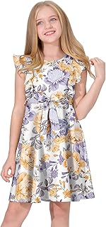 Girls Ruffle Trim Dress Print and Solid Color A-line Swing Flared Belted Casual Party Dress with Zipper - Buy now