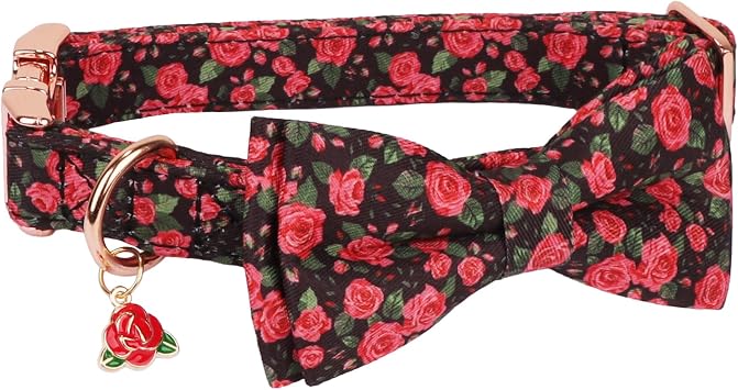 ADOGGYGO Floral Dog Collar with Bow, Metal Buckle, Adjustable Red Rose Floral Bowtie Collars for Extra Small Dogs (X-Small)