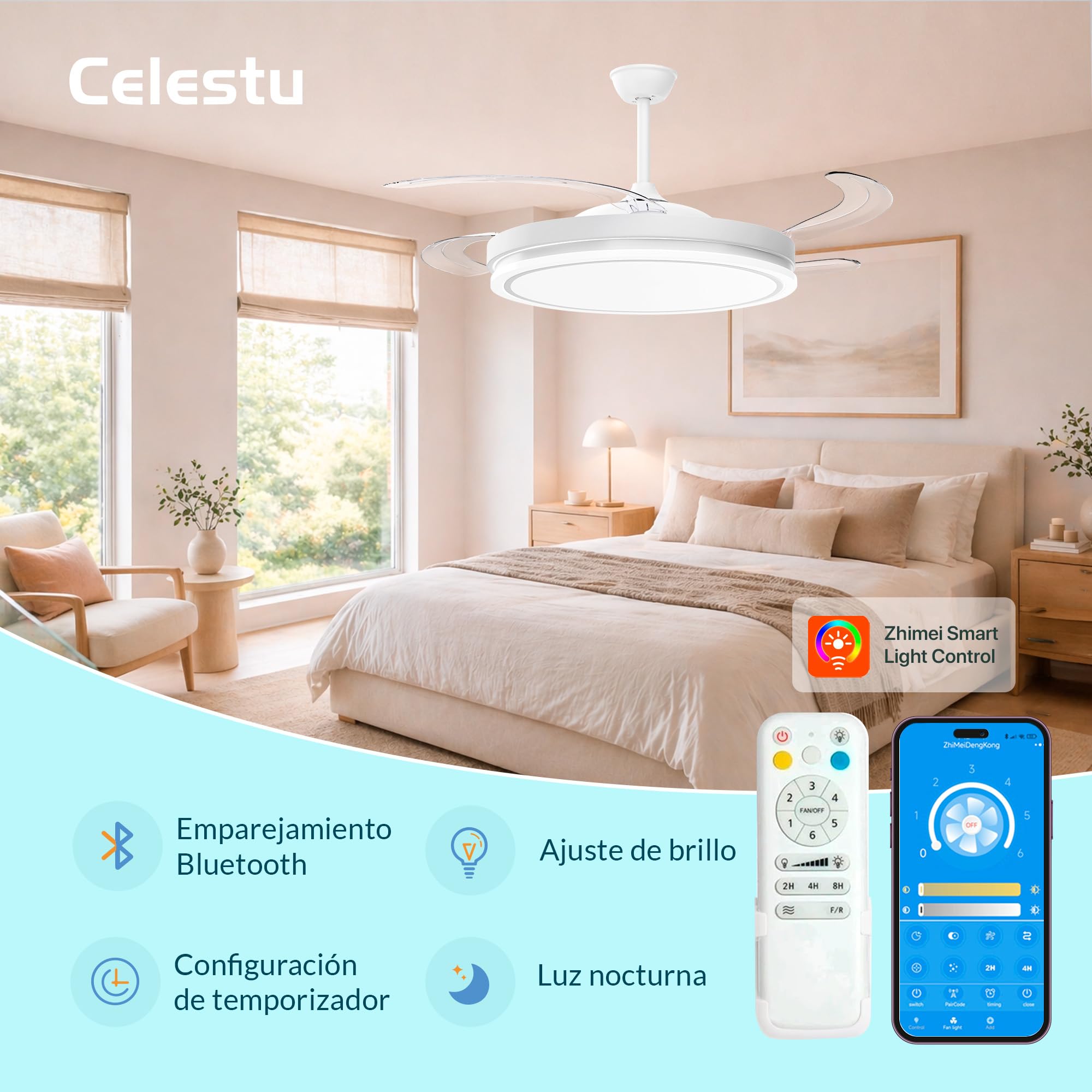 Ventilador de techo con luz led 66W con mando,temporizador, 6 velocidades, aspas retráctiles, 3 temperaturas de luz, CCT Silencioso, Intensidad Regulable (Blanco Brillo)