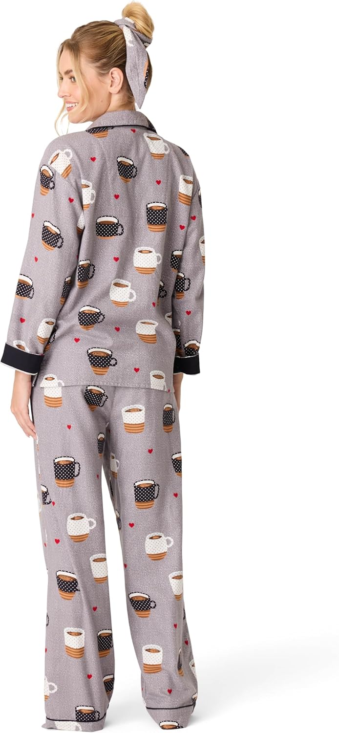 PJ Salvage Women's Cotton Flannel Long-sleeve Top, Pant and Headband 3-piece Pajama Set