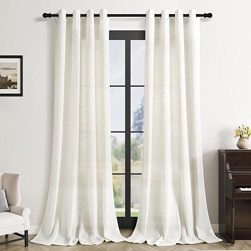 Ivory Linen Curtains 96 Inches Long 2 Panel Set for Living Room Sliding Glass Door Light Filtering Drapes 96 Inch Length Neutral Farmhouse Cream Colored Semi Sheer Grommet Curtain for Office 52x96