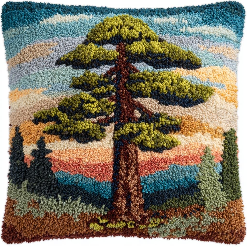 WallustrioaW Latch Hook Kit Cushion Latch Hook Kit,Pine Tree Landscape,Sofa Cushion Cover Embroidery Craft for Adults and Beginners,17x17in